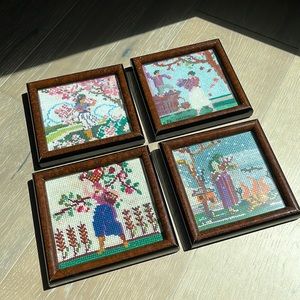 vintage needlepoint scenes of the four seasons - set of four, various sizes
